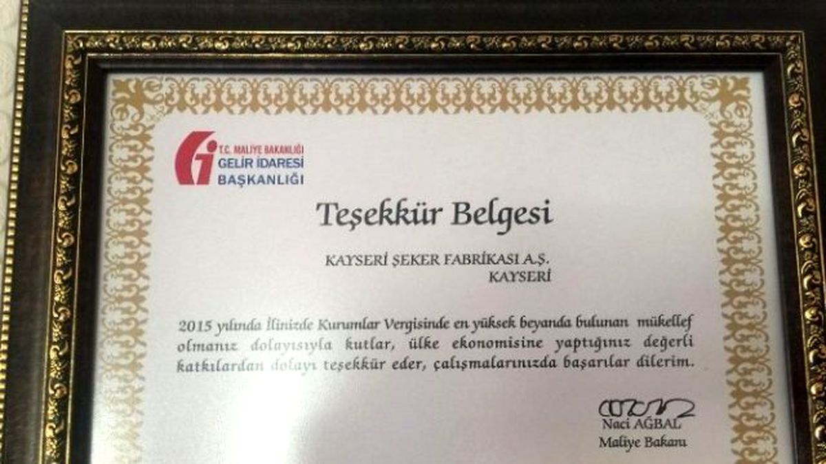 Maliye Bakanından Kayseri Şeker\'e Teşekkür