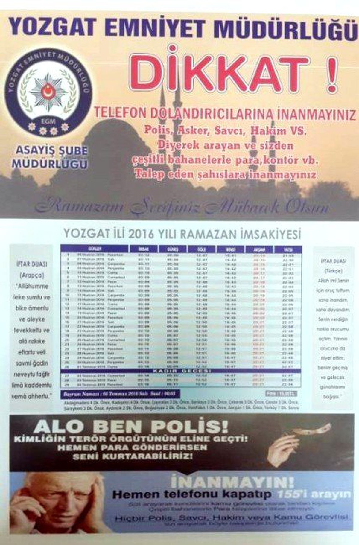 Yozgat Emniyetinden İmsakiyeli Dolandırıcılık Uyarısı