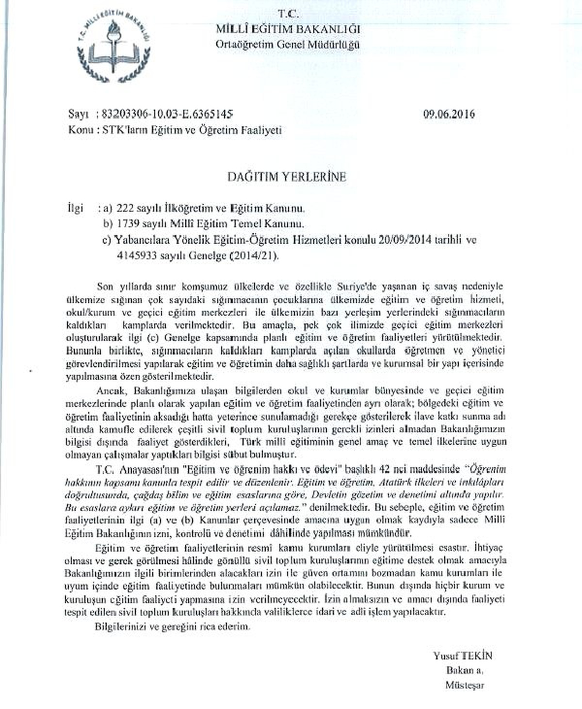 Milli Eğitim: Bazı Stk\'lar Genel Amaç ve Temel İlkelerine Uygun Olmayan Çalışmalar Yaptı