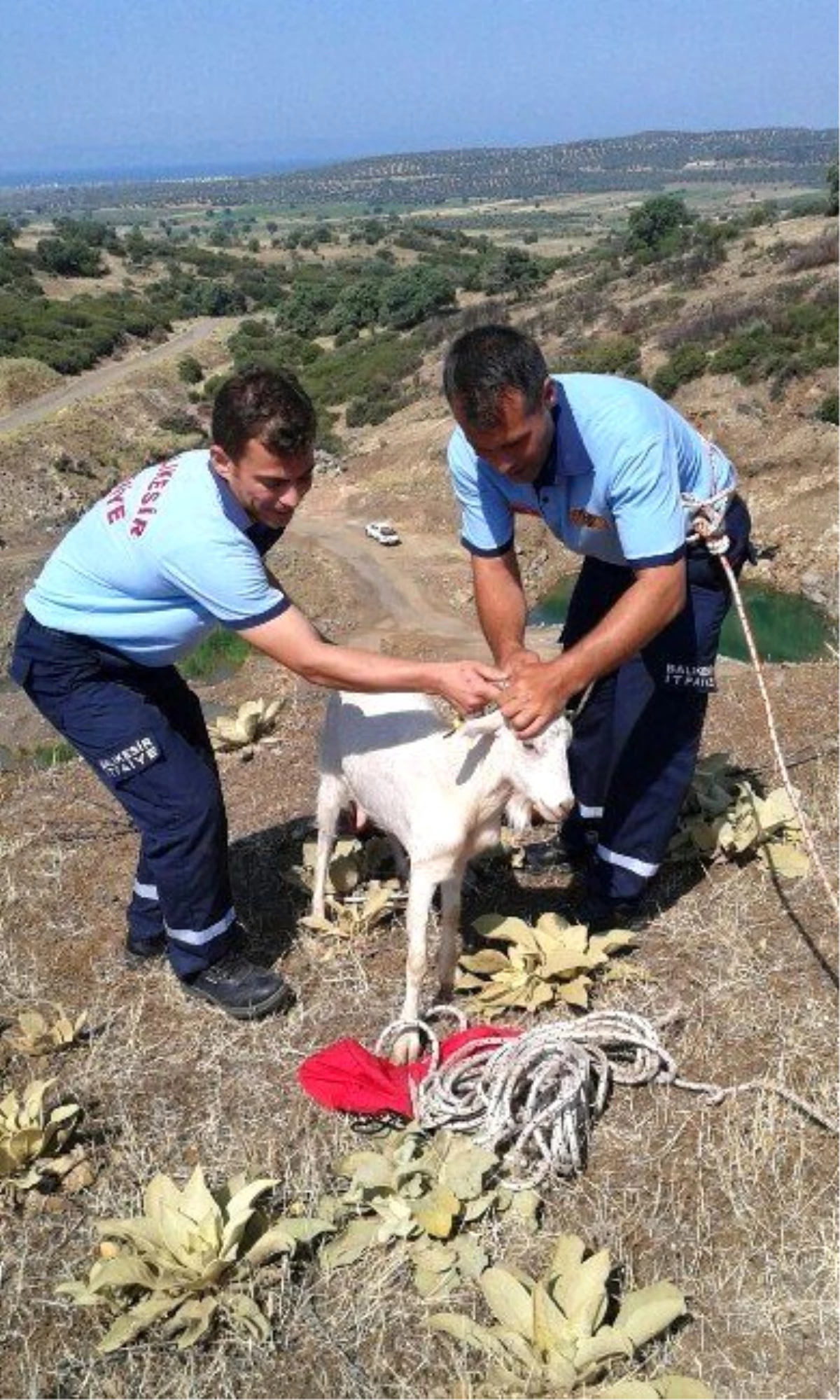 Mahsur Kalan Keçiyi İtfaiye Kurtardı