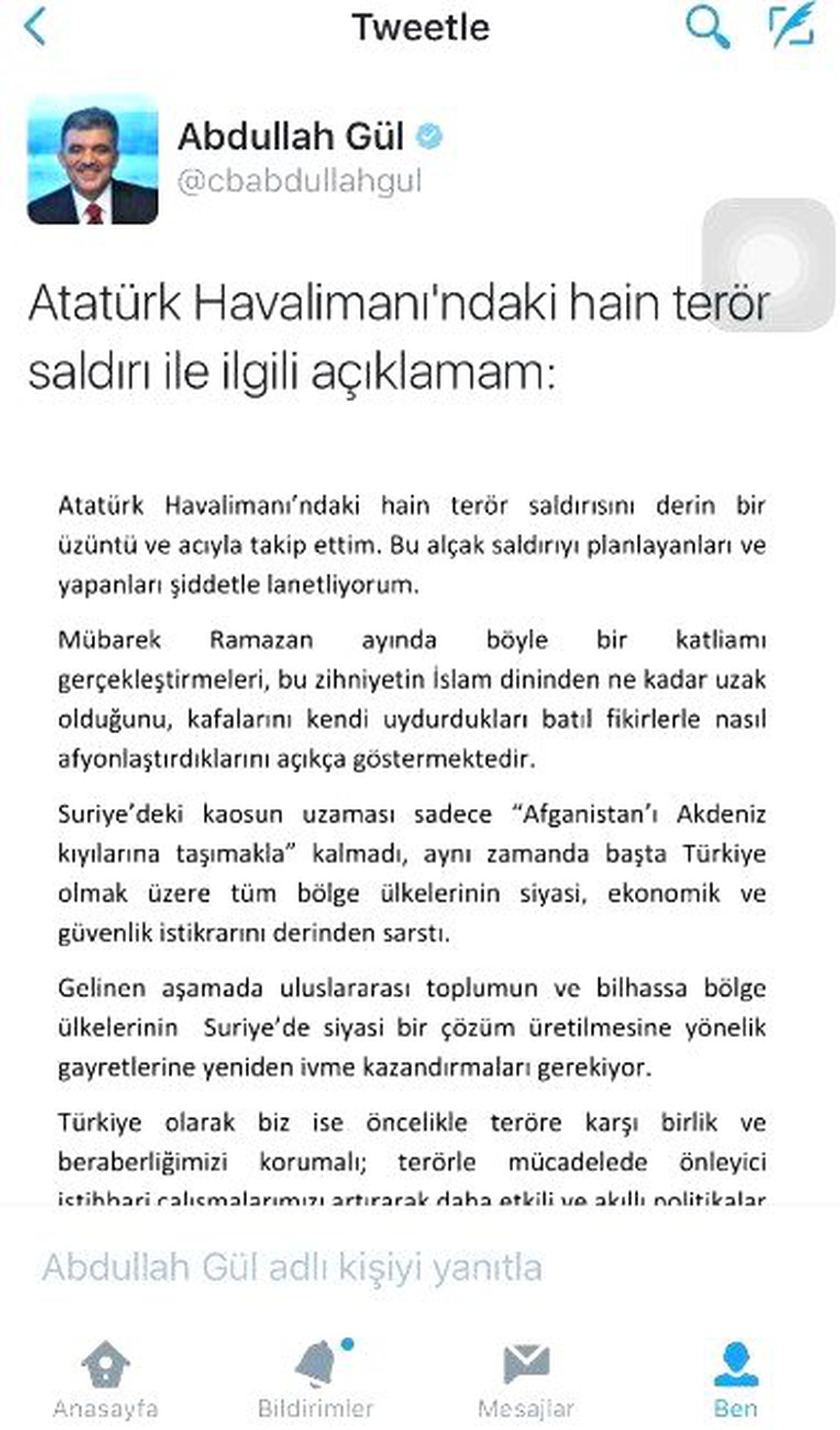11. Cumhurbaşkanı Gül\'den Havalimanı Saldırısı ile İlgili Açıklama
