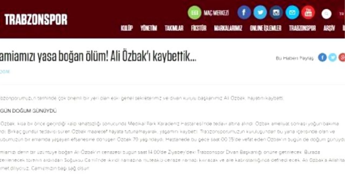Trabzonspor\'dan Ali Özbak İçin Başsağlığı Mesajı