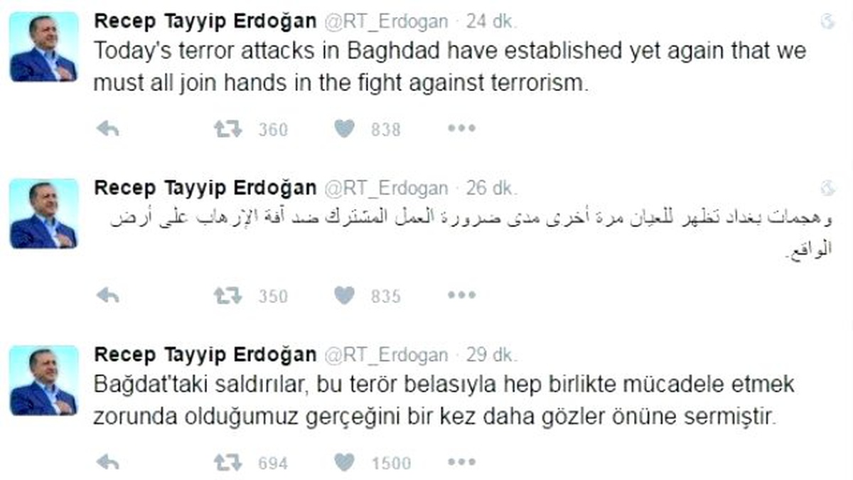 Cumhurbaşkanı Erdoğan\'ın, Irak\'ın Başkenti Bağdat\'taki Bombalı Saldırıya İlişkin Mesajı