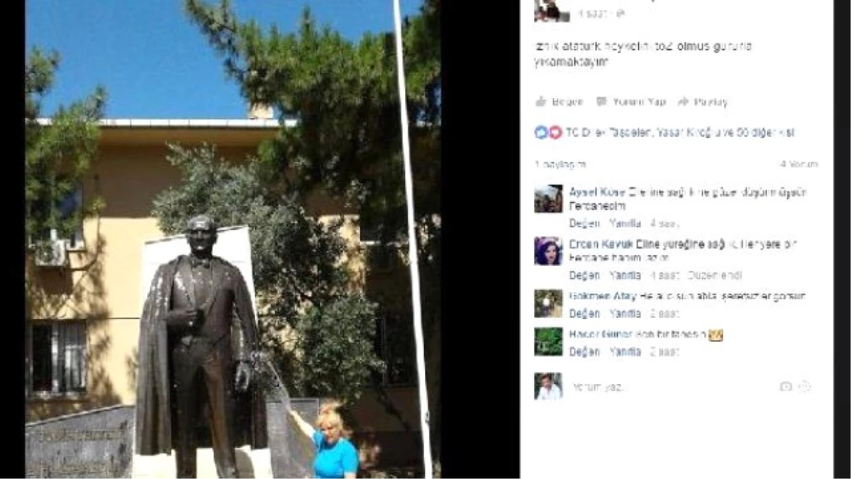 Atatürk Heykelini Hortumla Su Tutarak Temizledi