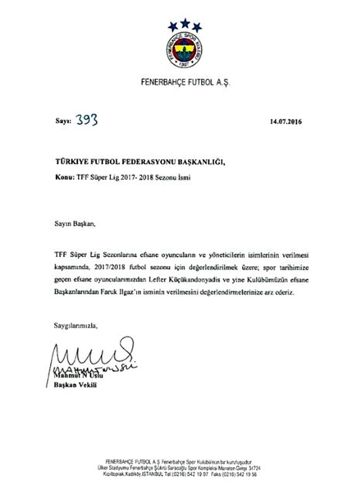 Fenerbahçe\'den Tff\'ye İsim Başvurusu