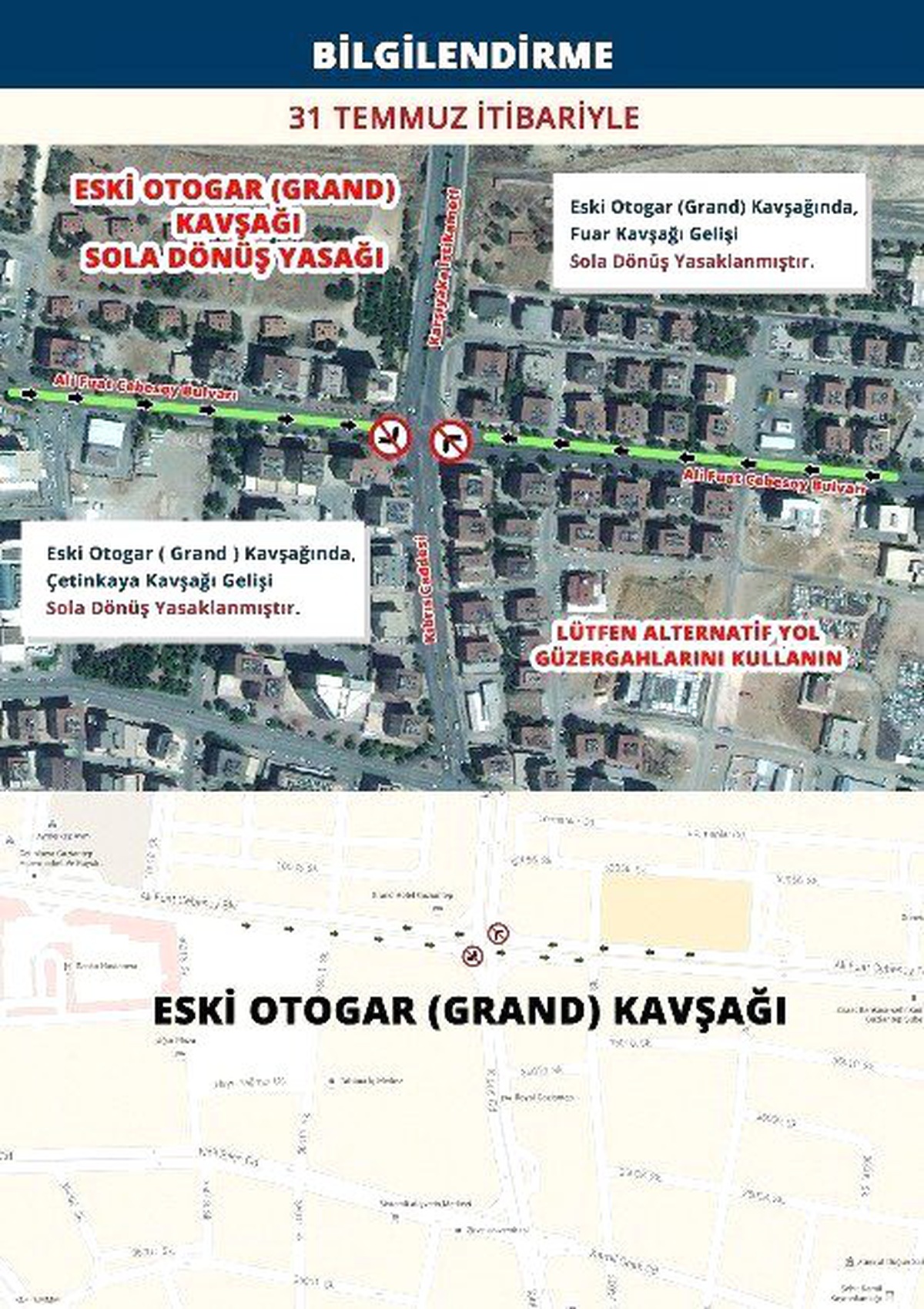 Eski Otogar (Grand) Kavşağından Sola Dönüşler Kapatılıyor