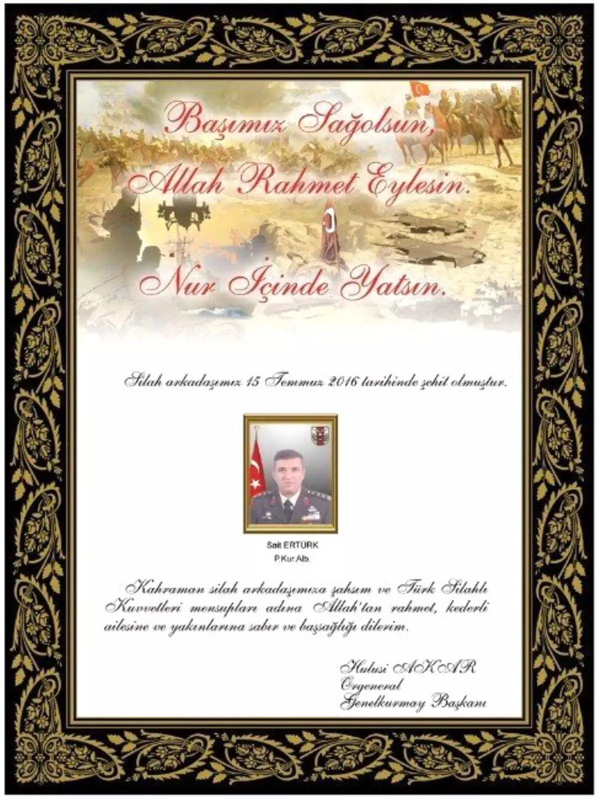 Genelkurmay Başkanı Orgeneral Akar\'dan Demokrasi Şehidi 4 Asker İçin Taziye Mesajı