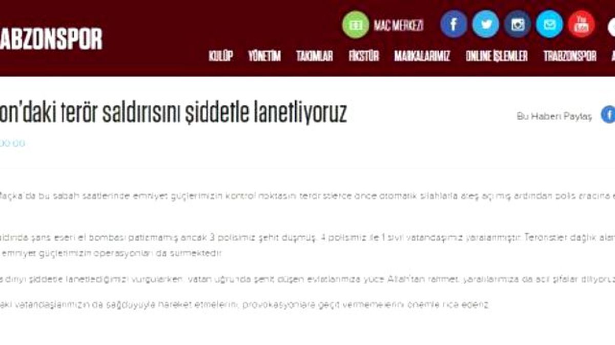 Trabzonspor\'dan Terör Saldırısına Lanet