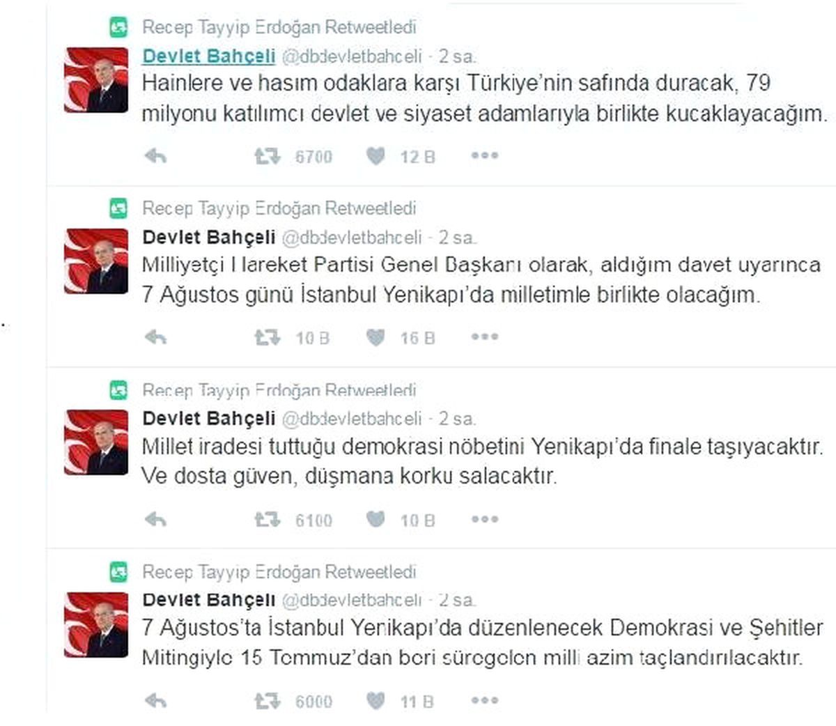 Cumhurbaşkanı Erdoğan Bahçeli\'nin Mesajlarını Retweet Etti
