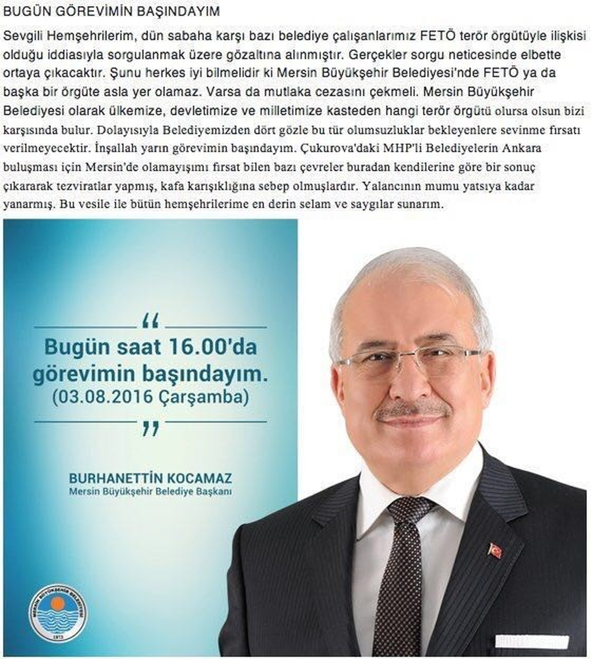 Kocamaz: "Görevimin Başındayım"