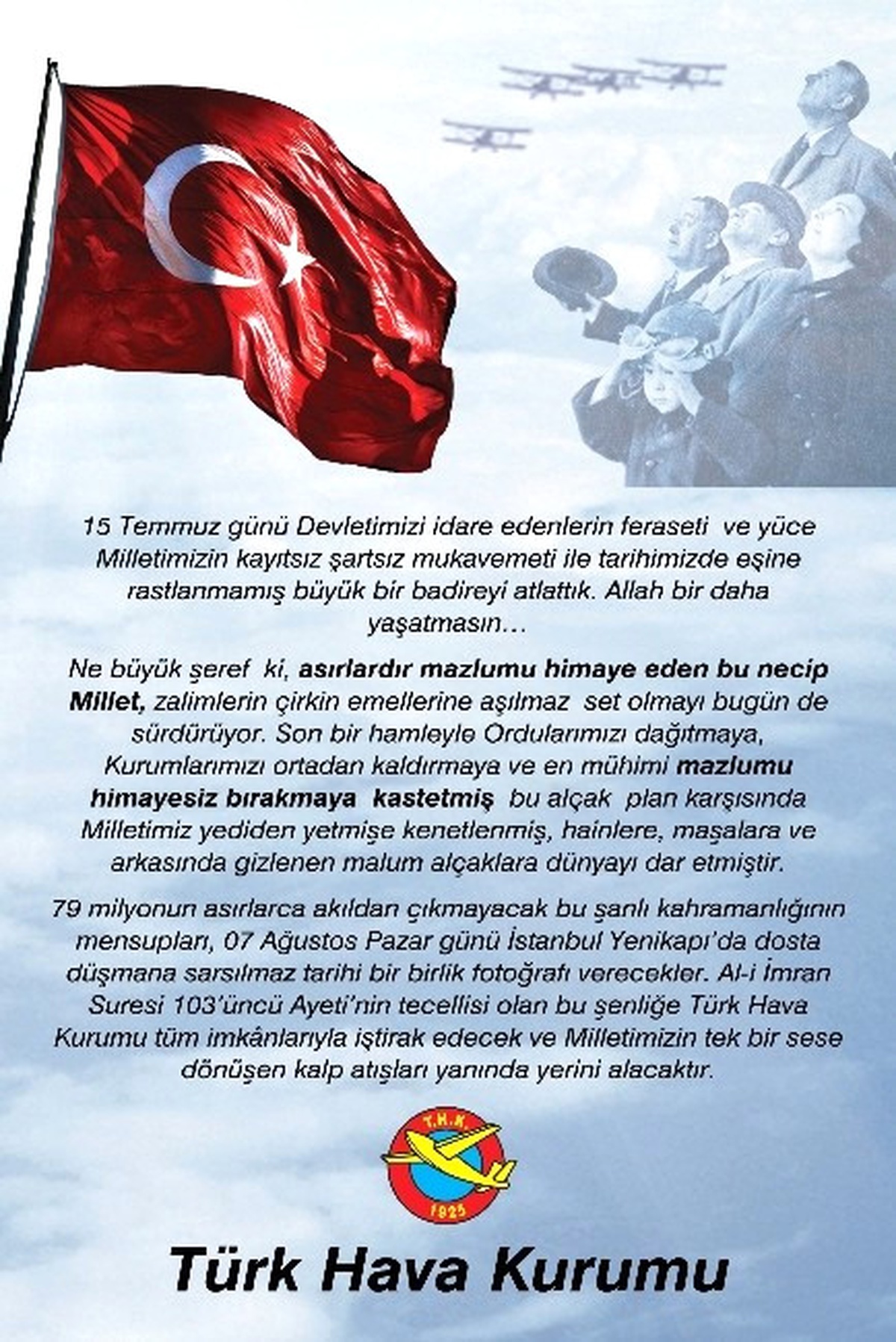 Türk Hava Kurumu\'ndan \'Demokrasi ve Şehitler Mitingi\'ne Katılma Çağrısı