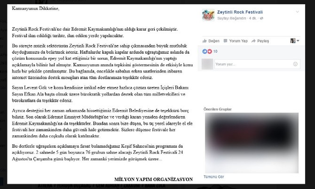 Zeytinli Rock Festivali\'nin Erteleme Kararı İptal Edildi