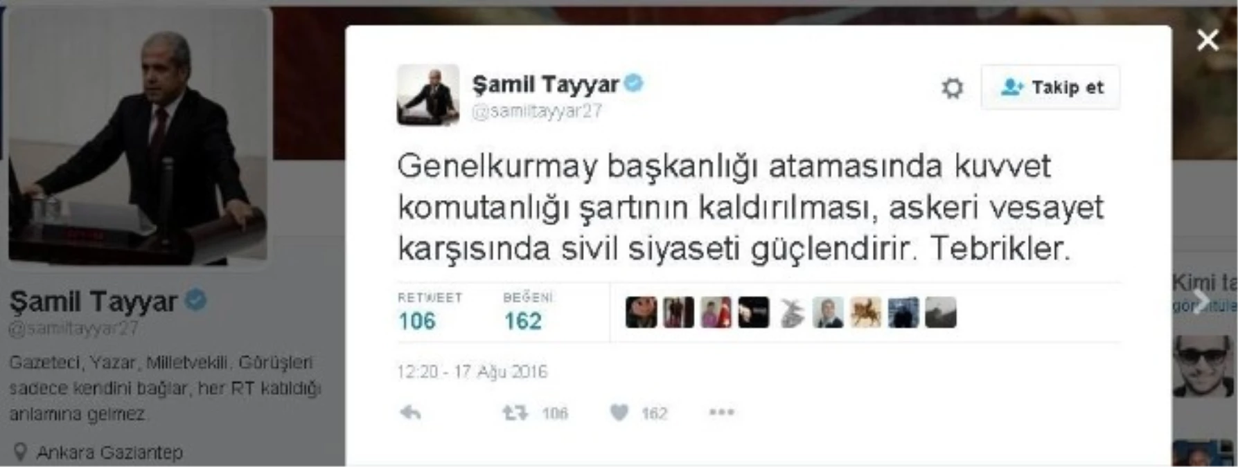 Tayyar, Genelkurmay Başkanlığı Atamasında Kuvvet Komutanlığı Şartının Kaldırılmasını Değerlendirdi