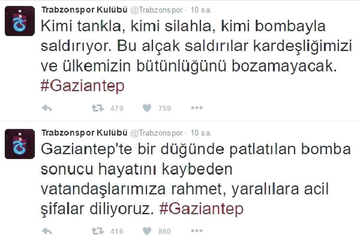 Trabzonspor, Gaziantep\'teki Terör Saldırısını Kınadı