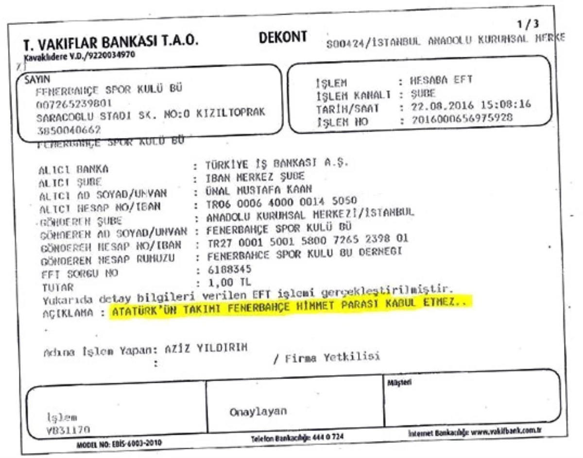Fenerbahçe: "Atatürk\'ün Takımı Fenerbahçe Himmet Parası Kabul Etmez"