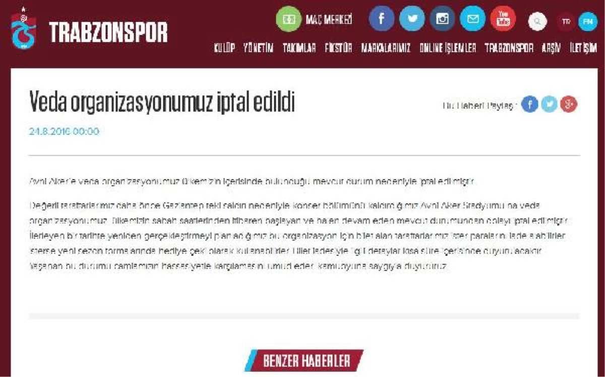 Trabzonspor, Hüseyin Avni Aker\'e Veda Organizasyonunu İptal Etti