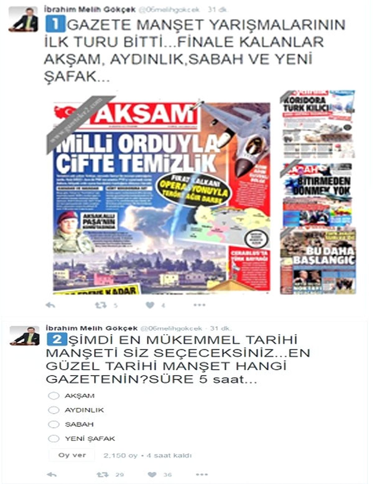 Ankara Büyükşehir Belediye Başkanı Gökçek\'ten \'En Güzel Manşet\' Anketi