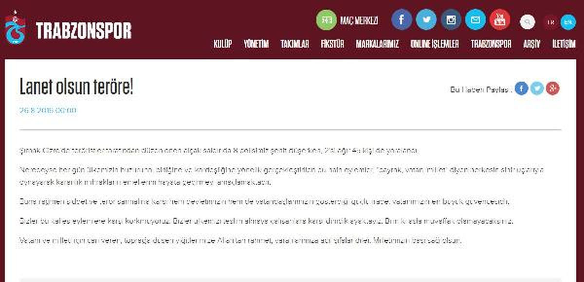 Trabzonspor\'dan Teröre Lanet
