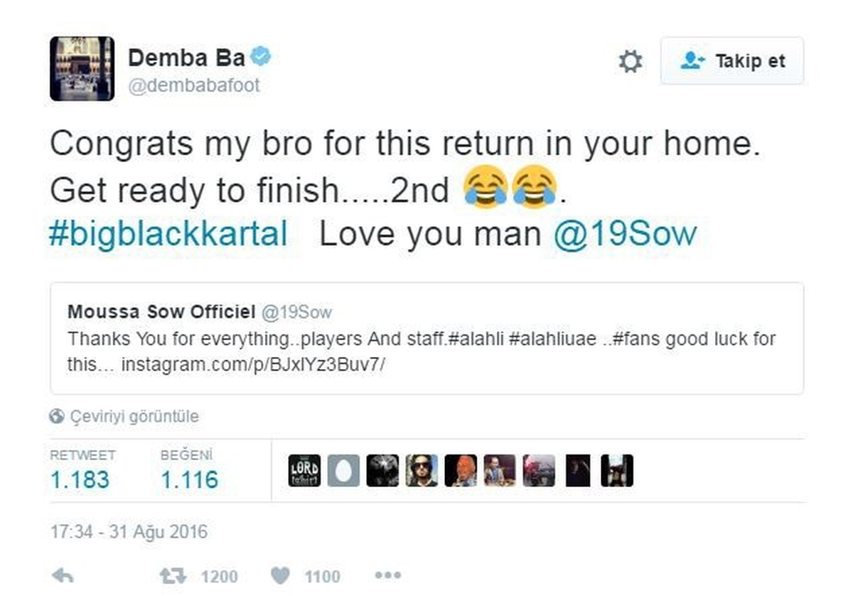 Demba Ba\'dan Sow\'a İmalı Mesaj
