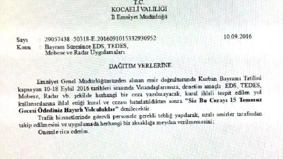 "Kurban Bayramı Süresince Radar Cezası Yok" Emri Sehven Yazılmış