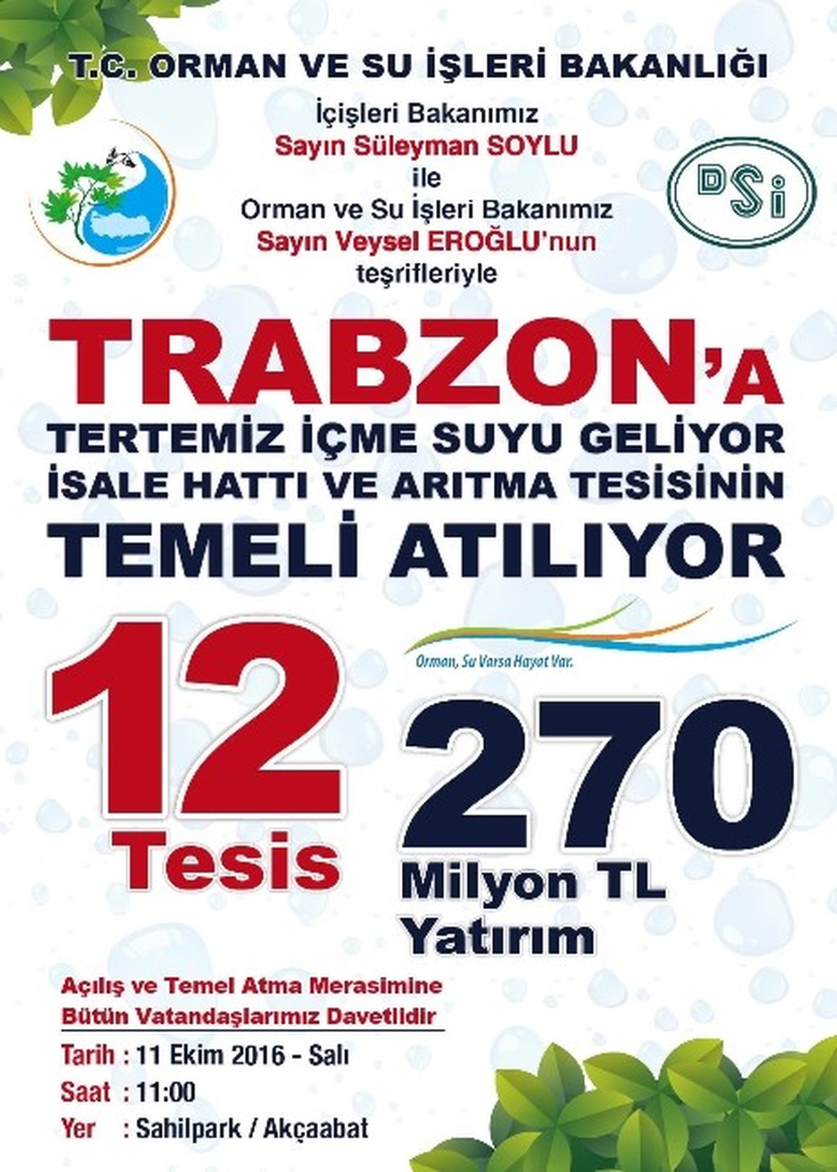 Trabzon\'da 270 Milyon TL\'lik Yatırım Bedelli 12 Tesisin Temeli ve Açılışı Gerçekleştirilecek