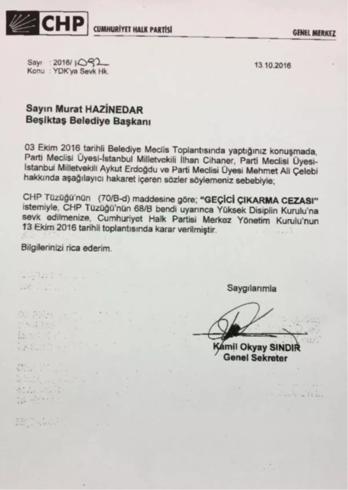 Beşiktaş Belediye Başkanı\'nın "Geçici Çıkarma Cezası" İstemiyle Disiplin Kuruluna Sevk Edilmesine...