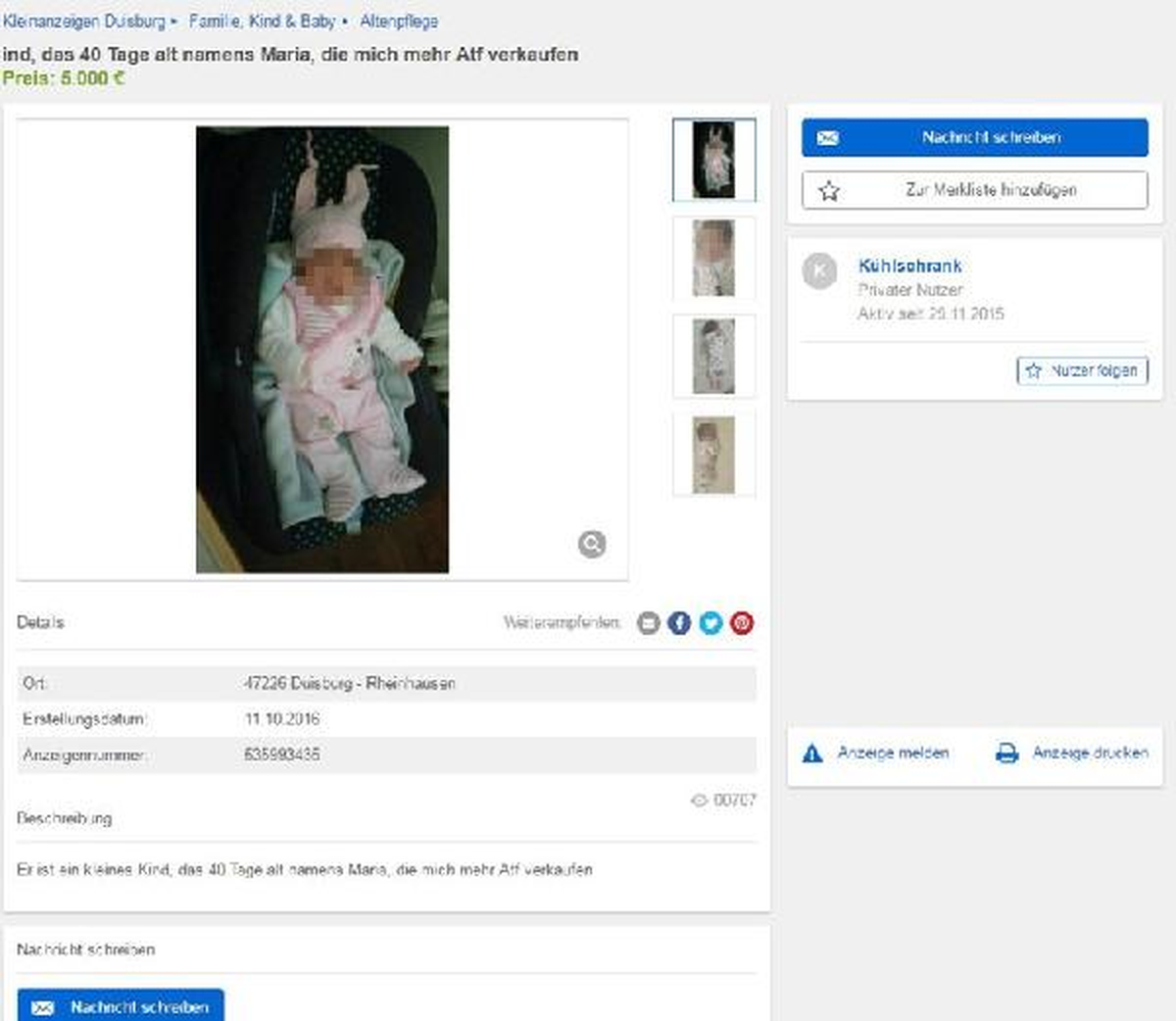 40 Günlük Bebeğini Ebay\'de Satmak İstedi