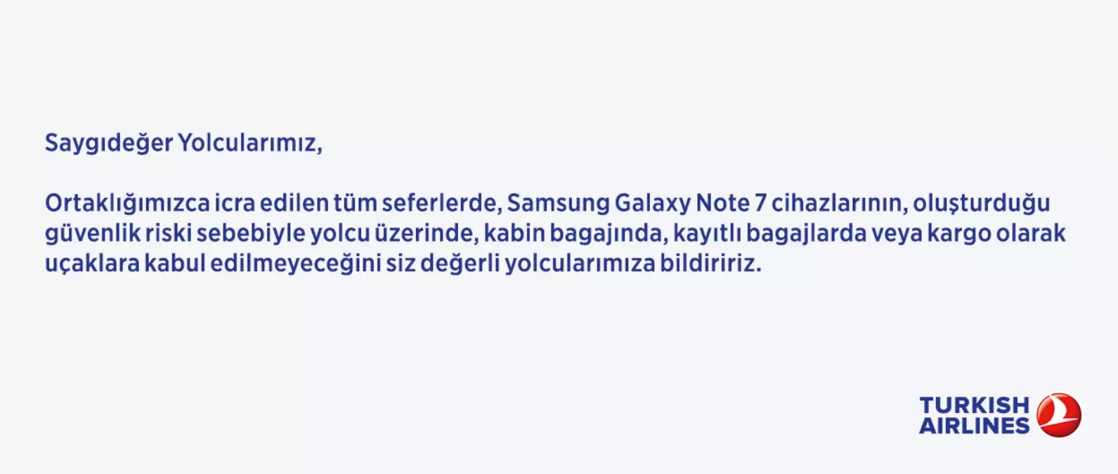 Türk Hava Yolları Note 7 ile Seyahat Etmenize İzin Vermeyecek !