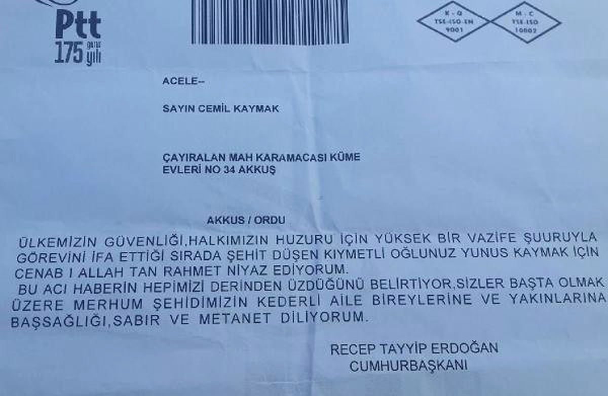 Şehit Yunus Kaymak\'ın Ailesine Cumhurbaşkanı Erdoğan\'dan Taziye Mesajı