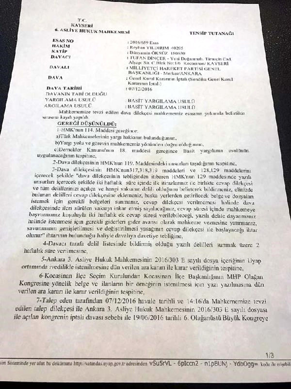 MHP İlçe Kongresinin İptaline İlişkin Başvuru Reddedildi