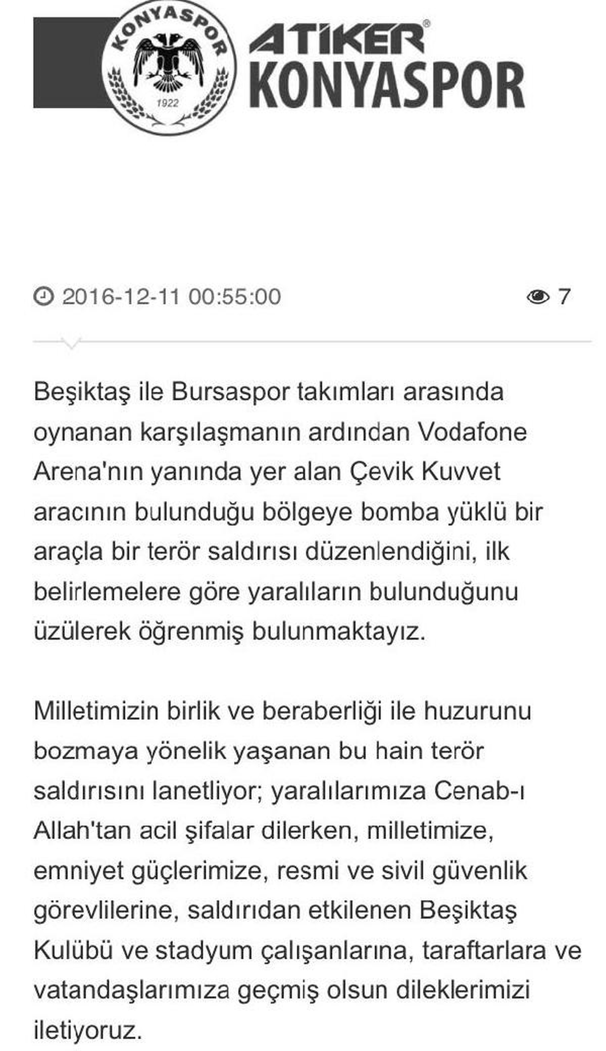 Atiker Konyaspor Kulübü: Hain Terör Saldırısını Lanetliyoruz