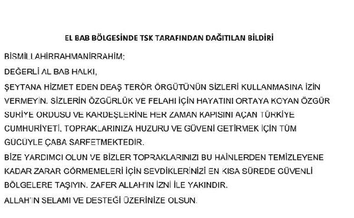 TSK Uçaklardan El Bab Bölgesine Bildiri Dağıttı : \'Zafer Allah\'ın İzni ile Yakındır\'