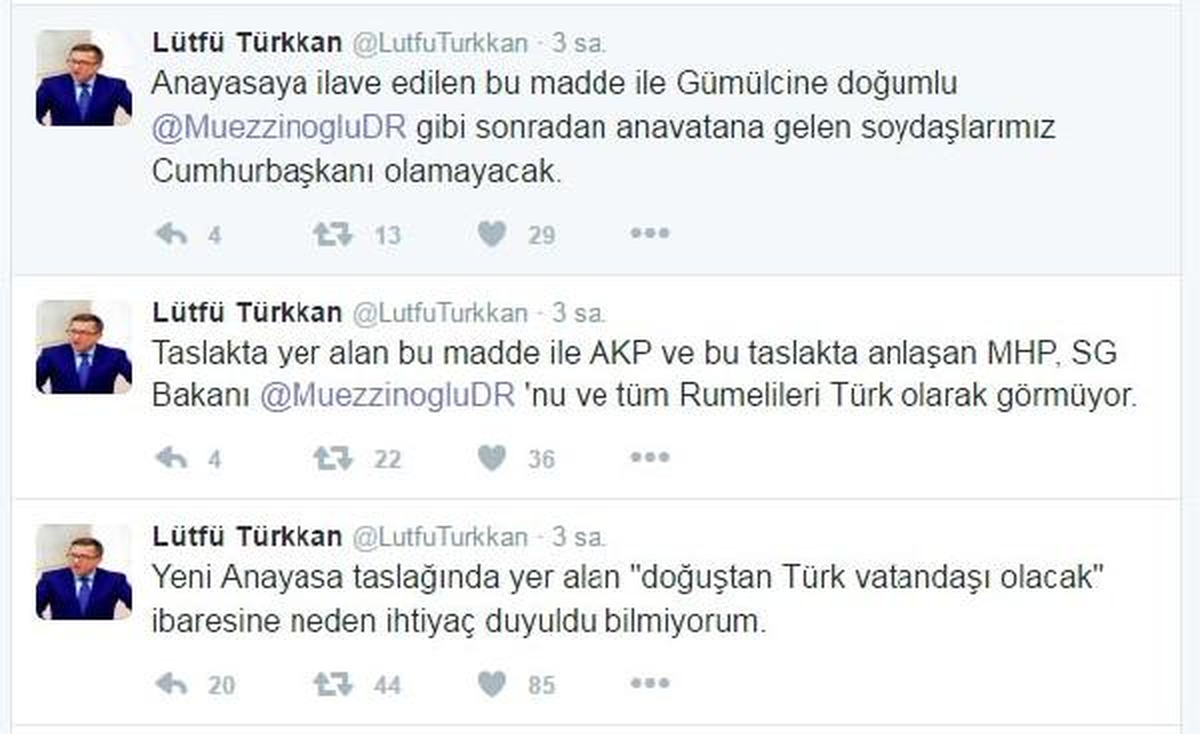 MHP\'li Türkkan: Teklife Göre Rumelililer Cumhurbaşkanı Olamayacak