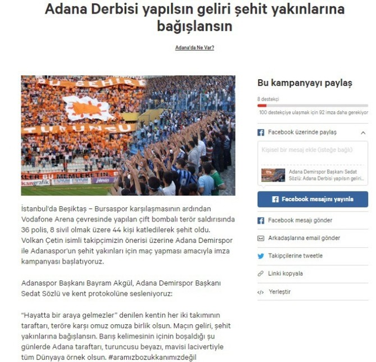 Şehit Yakınları İçin Adana Derbisi Yapılsın Kampanyası