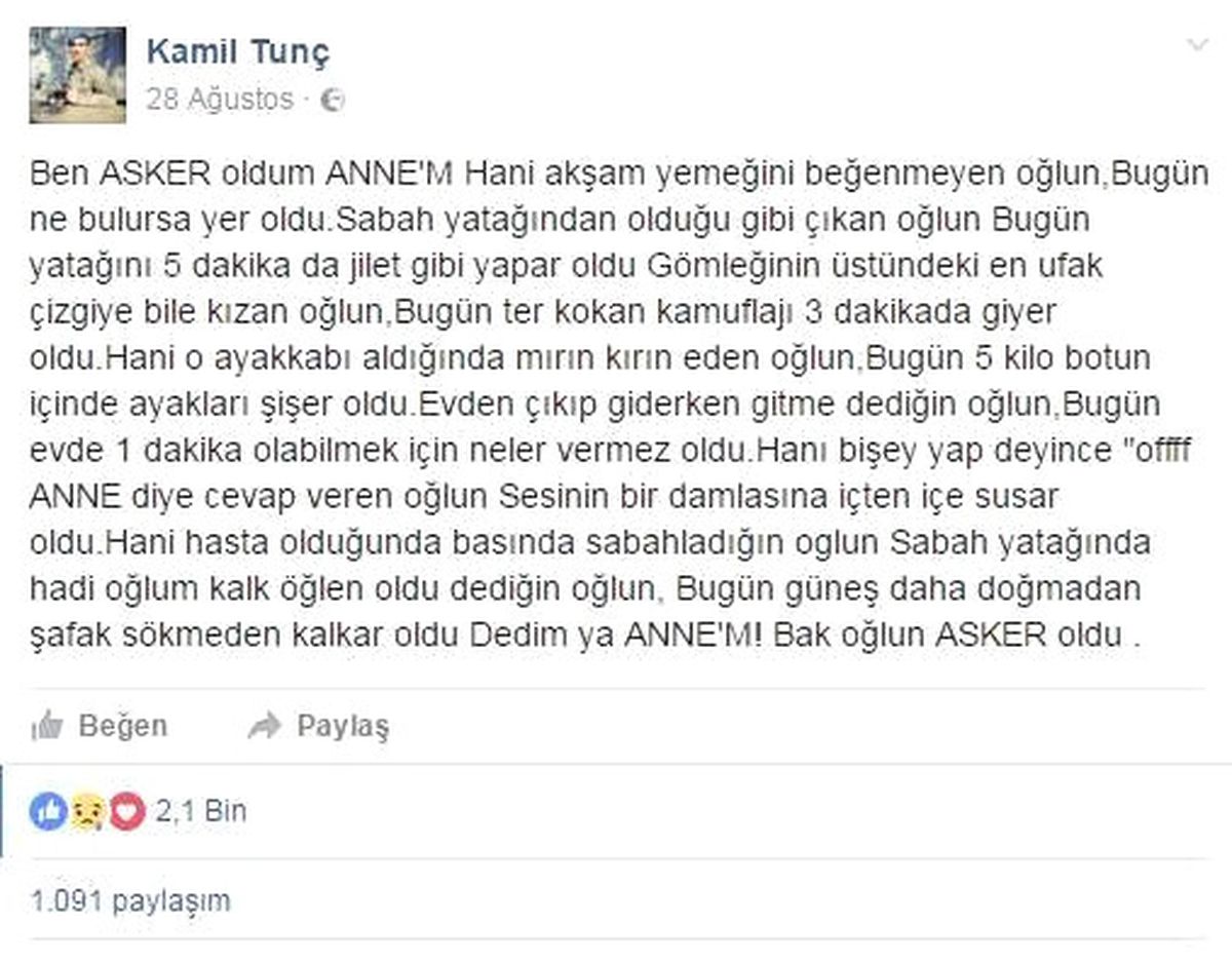 Şehit Tunç\'tan Annesine Özlem Dolu Paylaşım