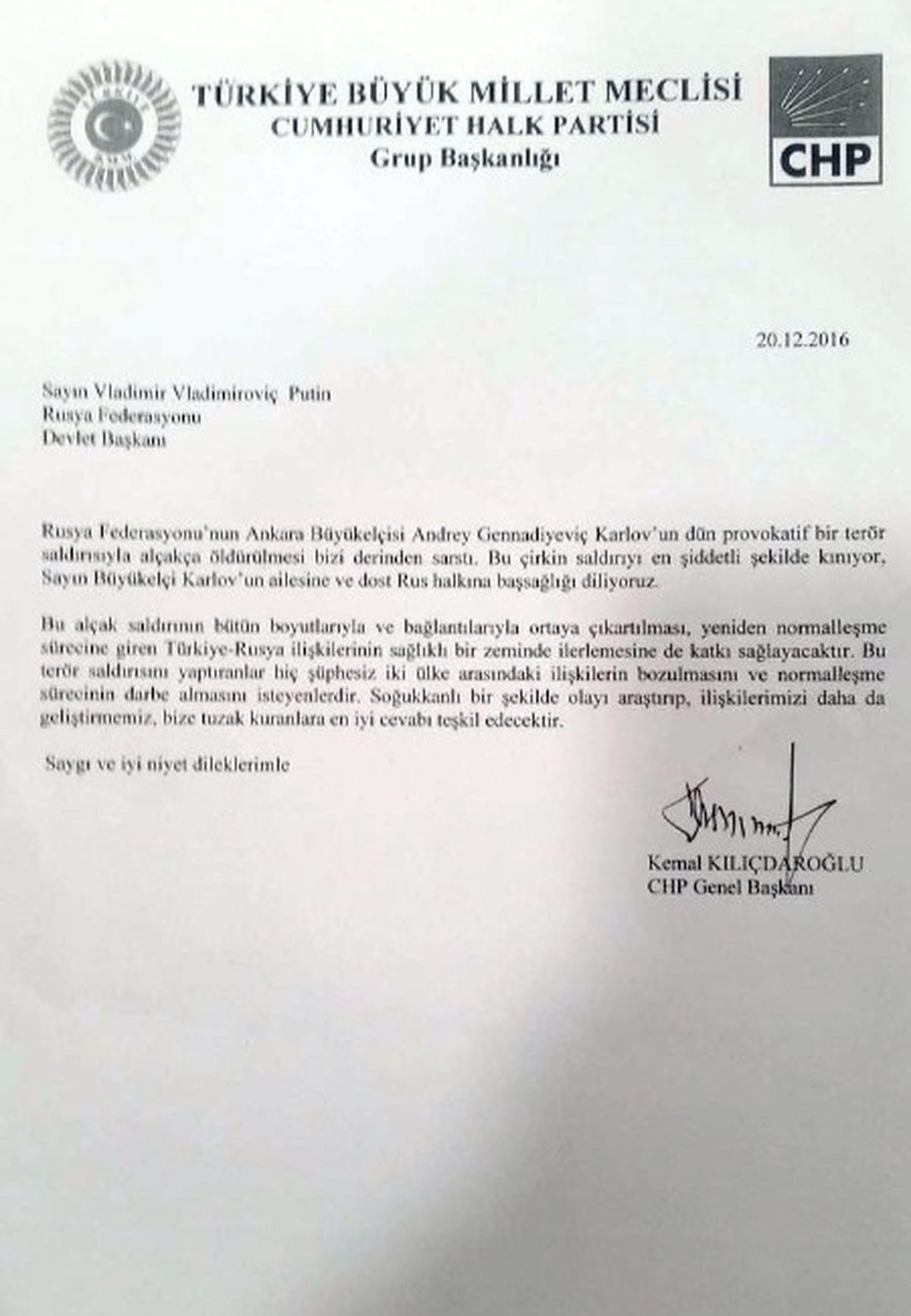 Kılıçdaroğlu, Rusya Devlet Başkanı Putin\'e Taziye Mektubu Gönderdi