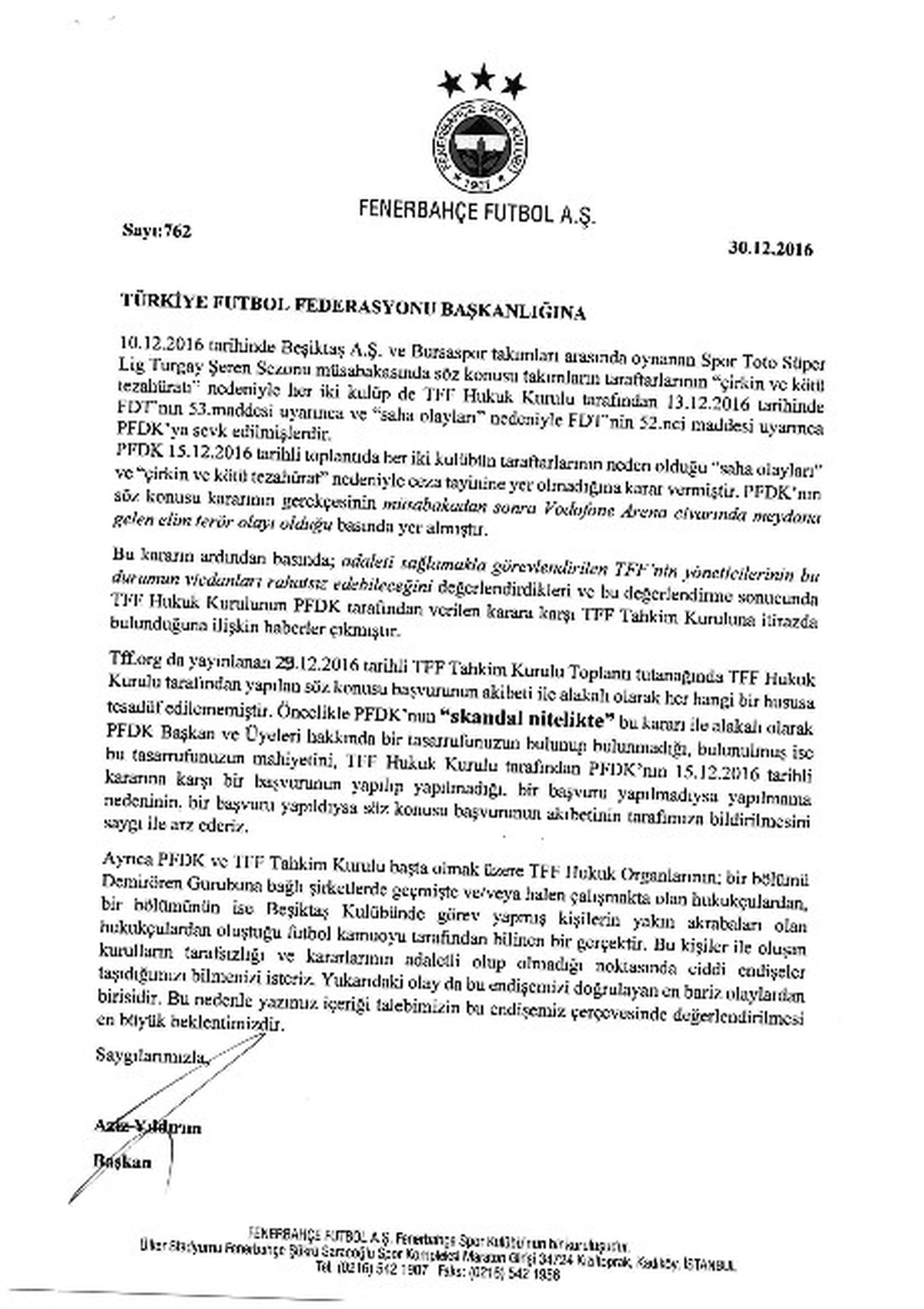 Fenerbahçe\'den Tff\'ye Tepki
