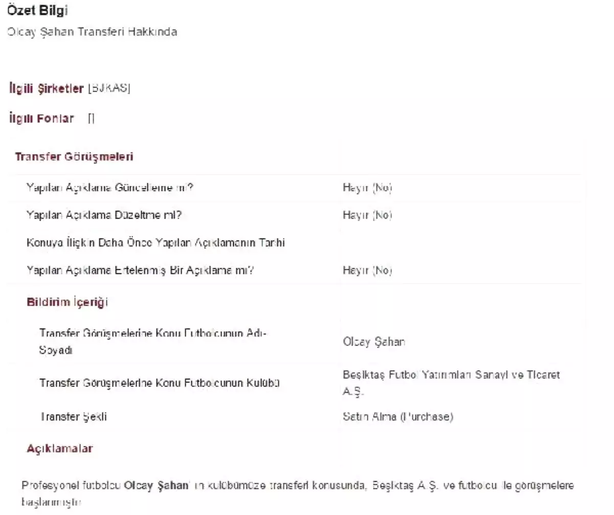 Trabzonspor Olcay\'ı Kap\'a Bildirdi