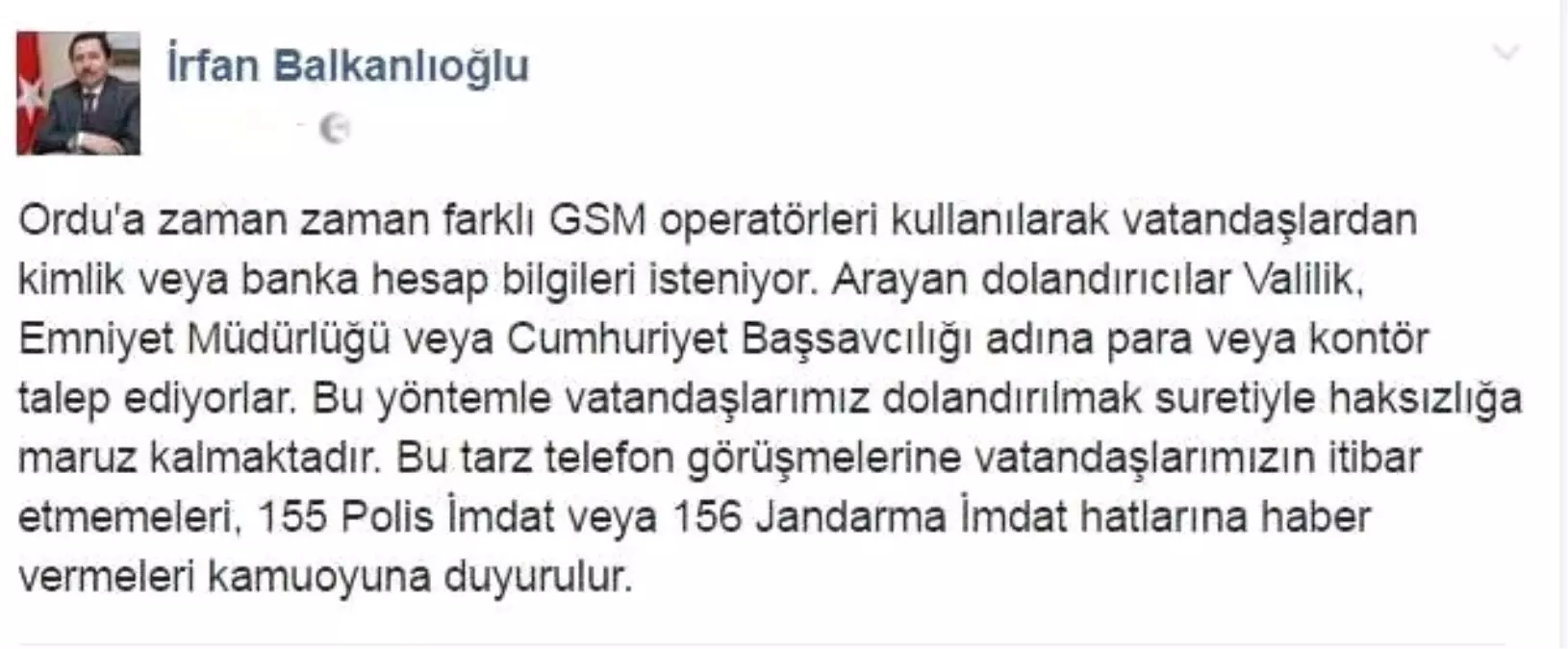 Vali Balkanlıoğlu\'ndan \'Dolandırıcılık\' Uyarısı