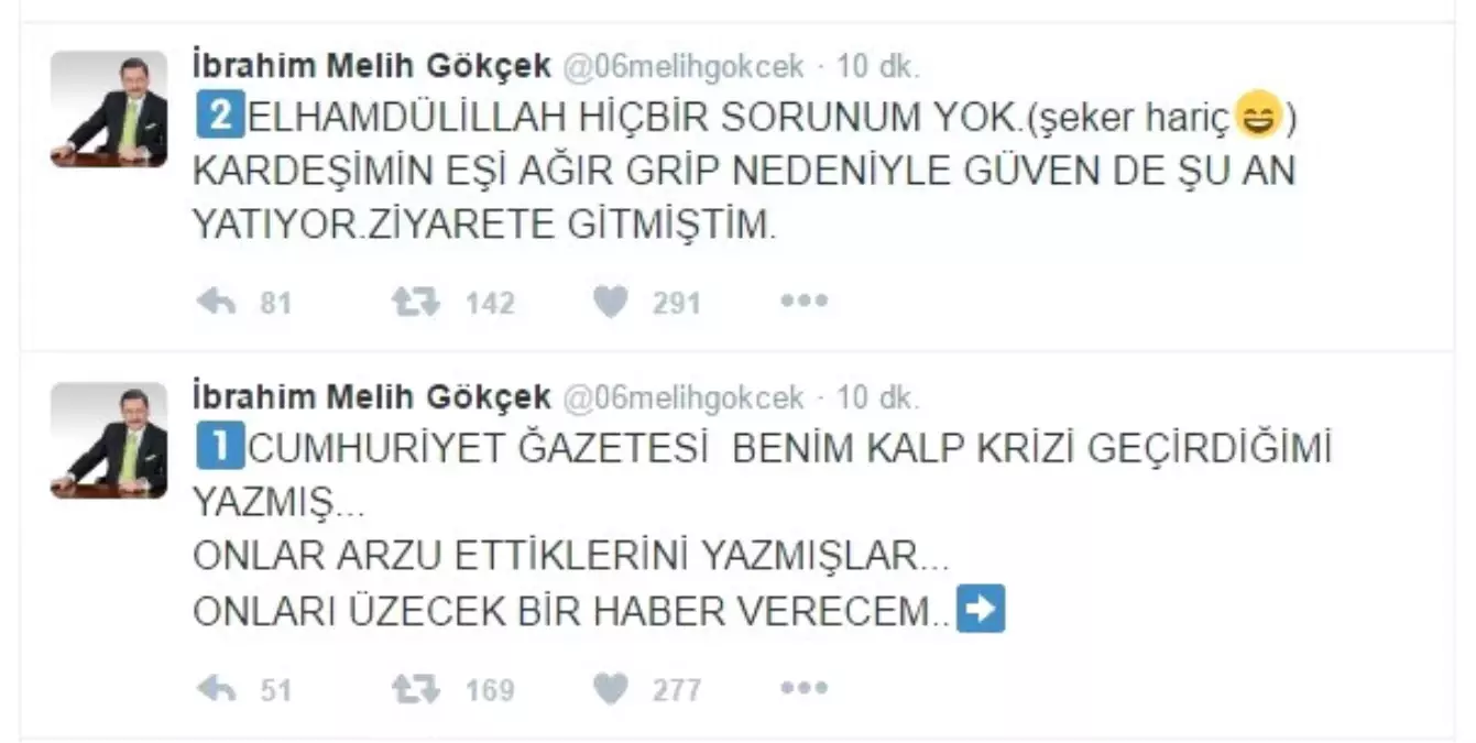 Gökçek\'ten, \'Kalp Krizi Geçirdiği\' İddiasına Yanıt