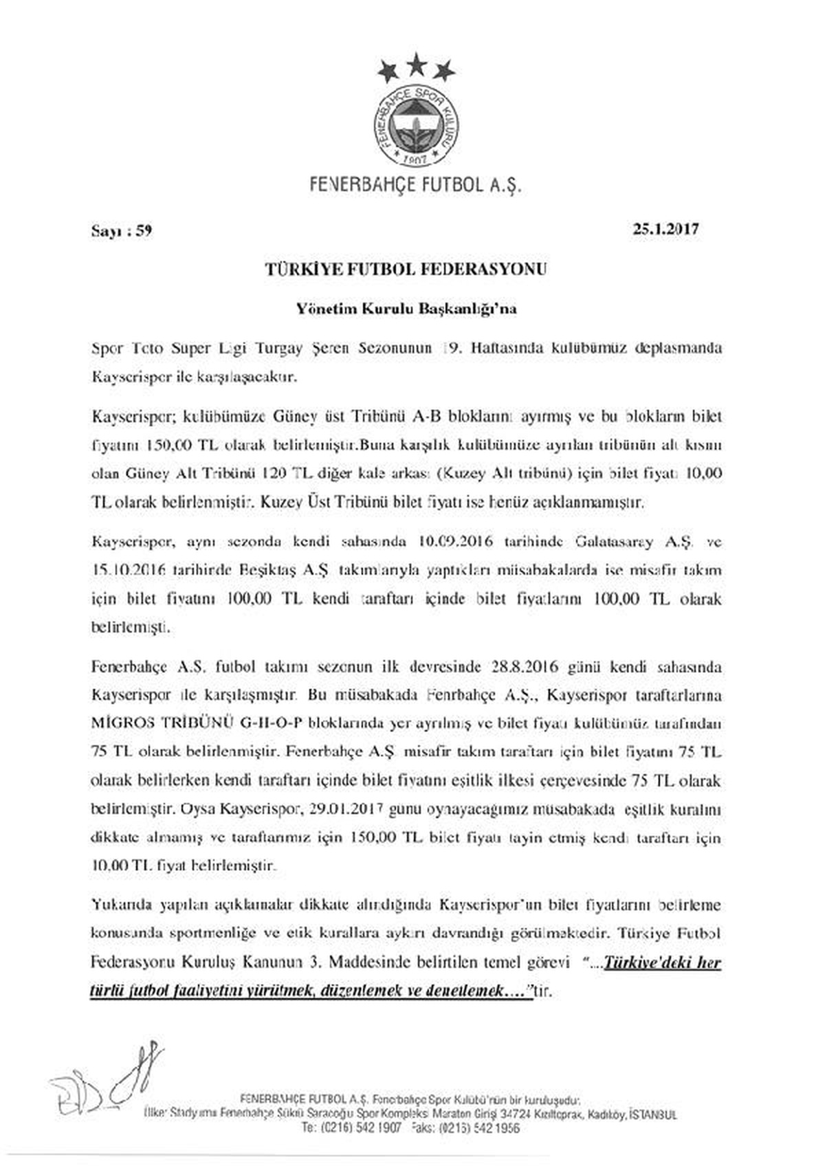 Fenerbahçe\'den Kayserispor\'a Bilet Tepkisi