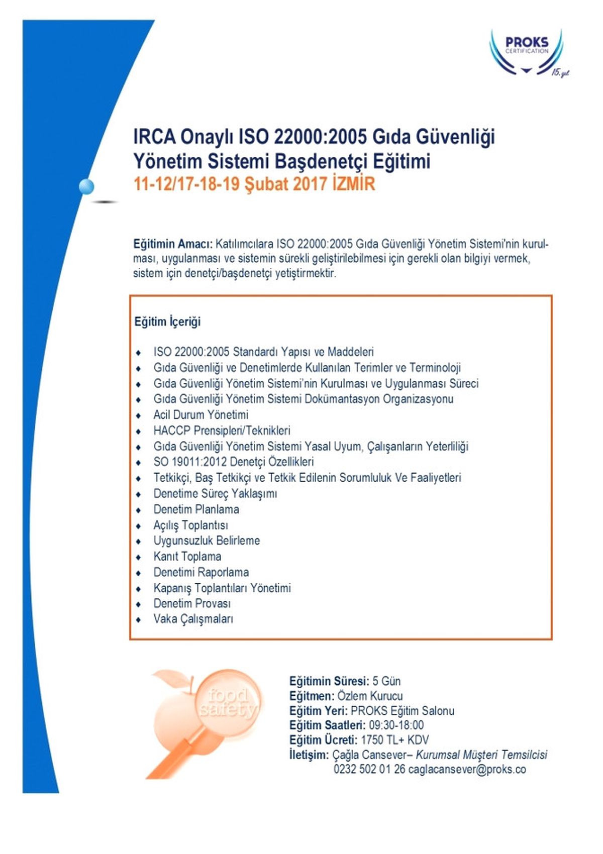 Irca Onaylı Iso 22000: 2005 Başdenetçi Eğitimi
