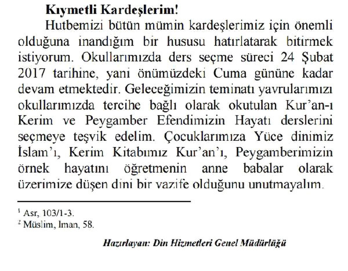 Cuma Hutbesinde \'Seçmeli Din Dersi\' Tavsiyesi