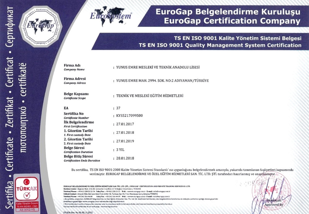 Adıyaman\'ın Iso 9001 ve Ohsas 18001 Belgeli İlk Lisesi Belli Oldu