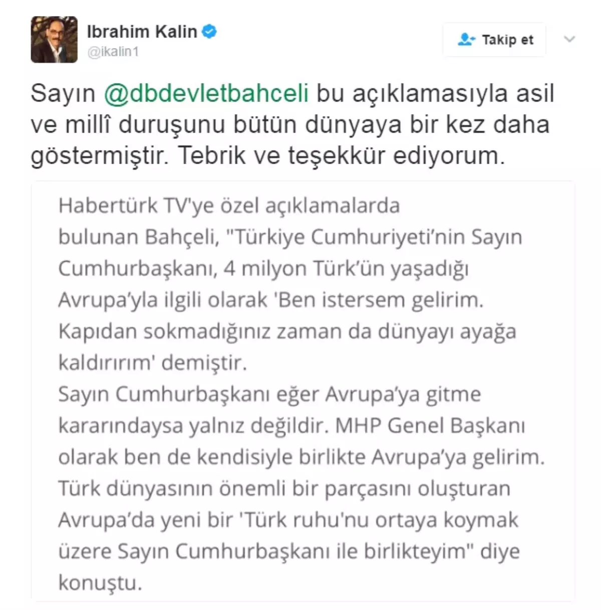 Cumhurbaşkanlığı Sözcüsü Kalın\'dan Bahçeli Paylaşımı