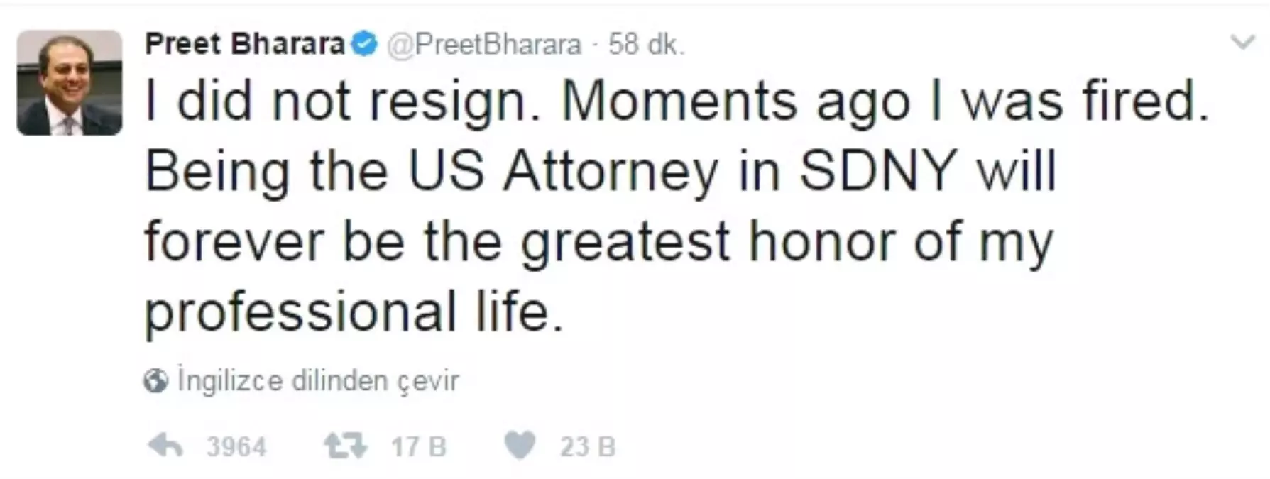 ABD\'li Savcı Preet Bharara Görevden Alındı