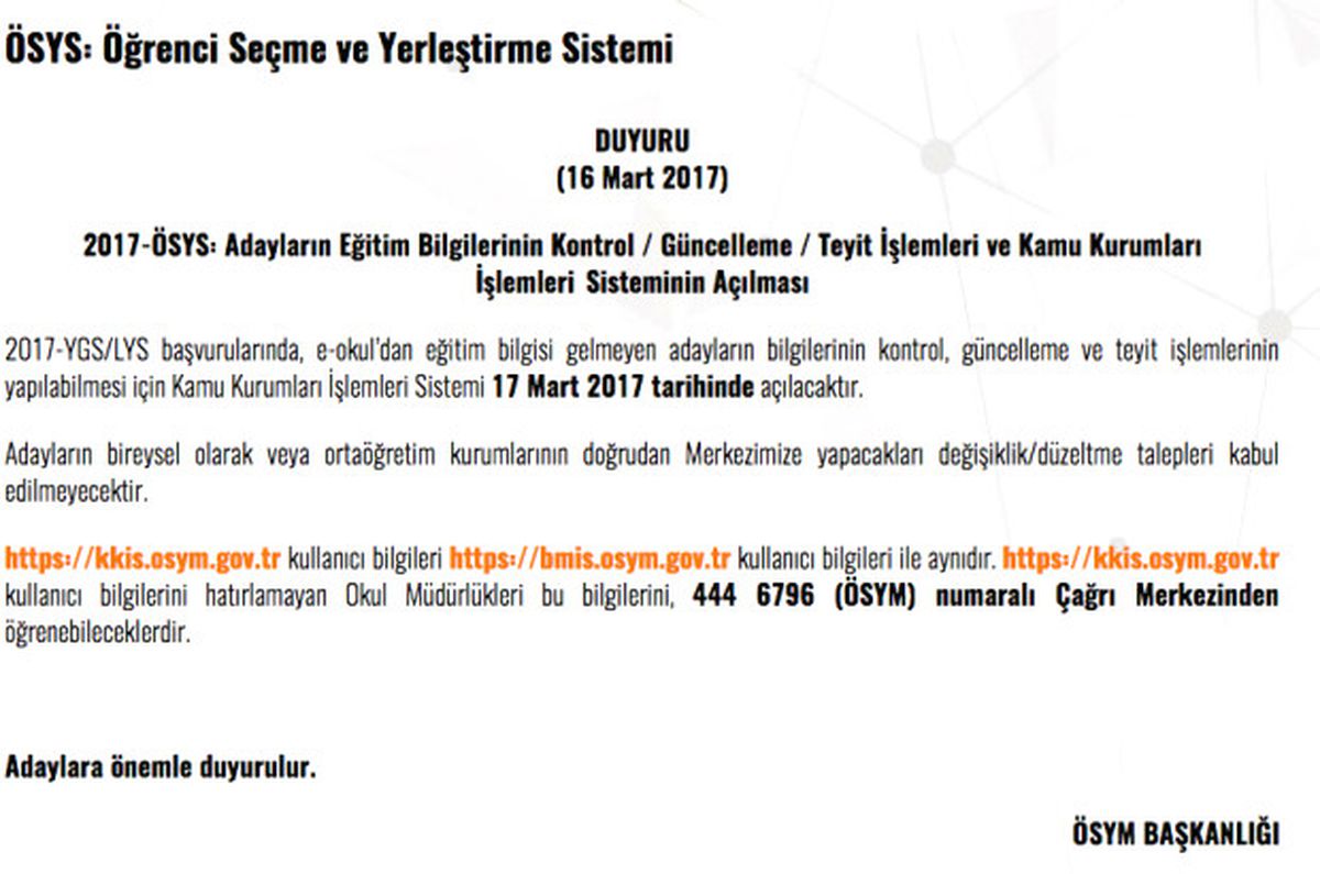 2017 Lys Bilgi Güncelleme, E-Okul\'dan Eğitim Bilgisi Gelmeyen Adaylar Dikkat!