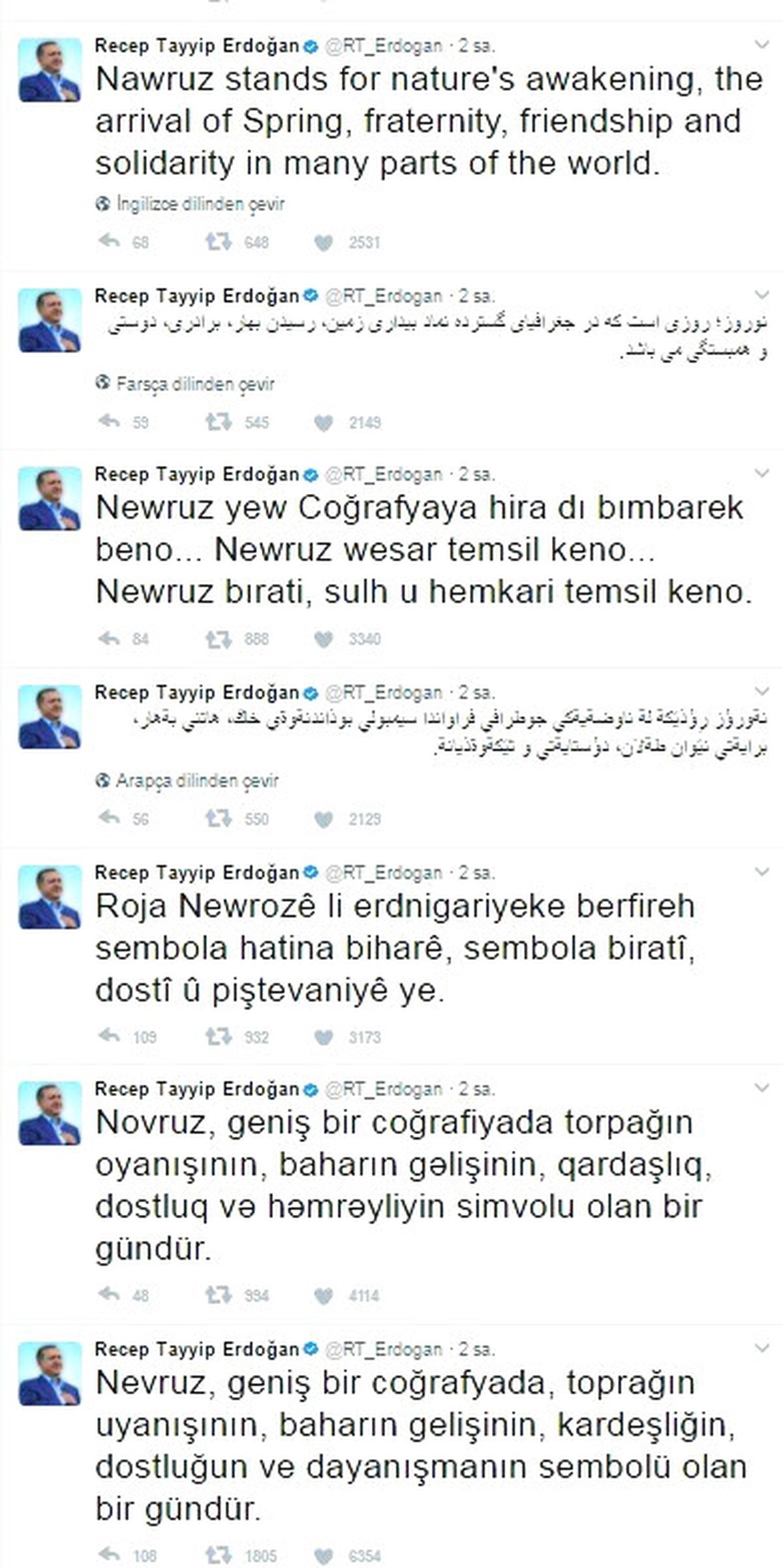 Cumhurbaşkanı Erdoğan 7 Dille Nevruz Bayramı\'nı Kutladı
