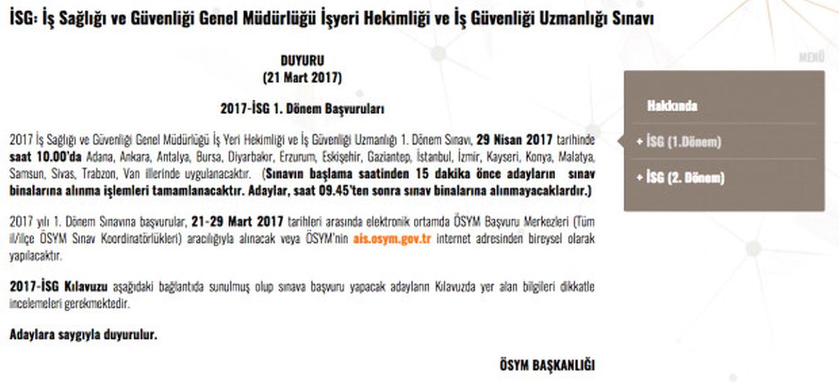 2017 İsg 1. Dönem Başvuruları Başladı, 29 Nisan\'da Sınav!