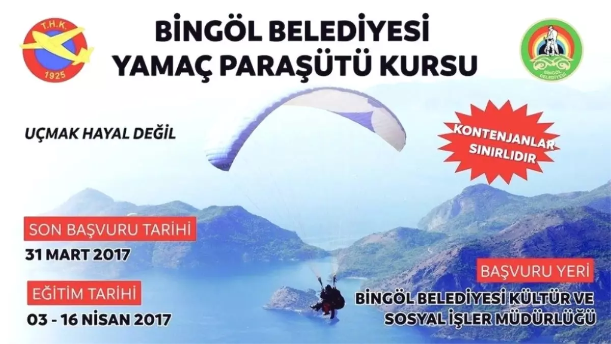 Bingöl\'de Ücretsiz Yamaç Paraşütü Kursu Açılıyor